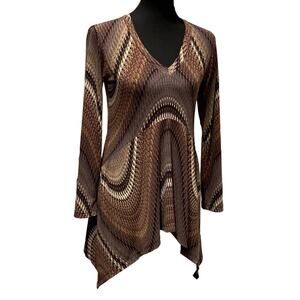 Sharon Max Small 1960s Inspired Brown Flowy Zig Zag Chevron Long Tunic Top